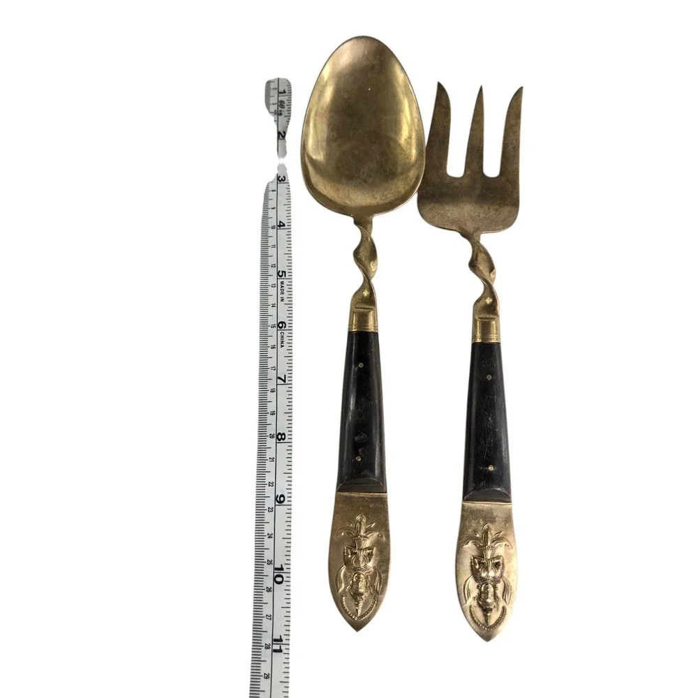 SBF Siam 2 Piece Salad‎ Serving Utensil Set Brass Fork Spoon Horn Handle 11